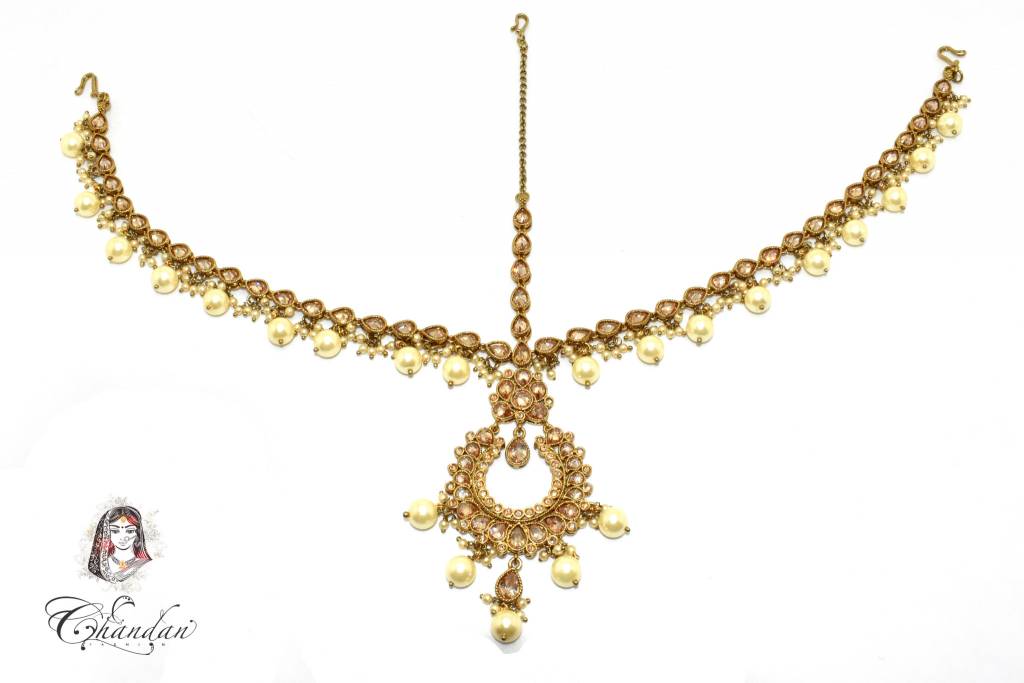 Gold Matha Patti w/ stones & white pearls