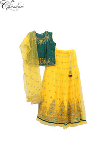 Green and Yellow Kids Lengha Choli with Gold Work