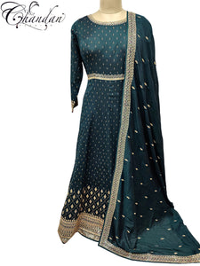Partywear Dupion silk long dress intricate with gold buttis