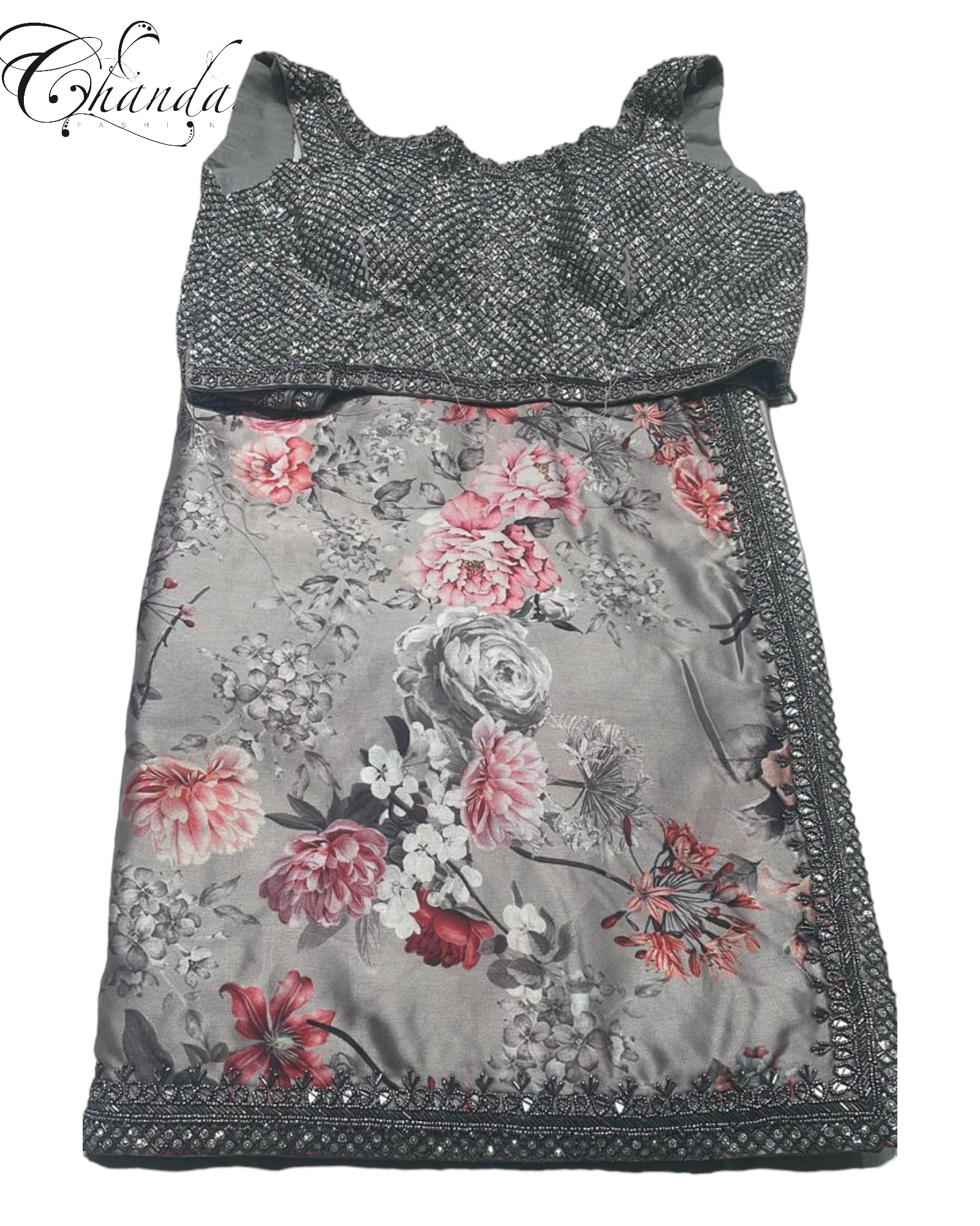 Floral Satin Saree with handwork