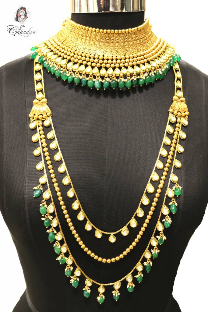 Heavy Bridal Set with Green Pearls and White Stones