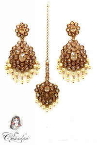 Gold Earing & Tikka With Stones & Pearls Detailing