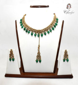 Gold Necklace Set w/ Green Beads
