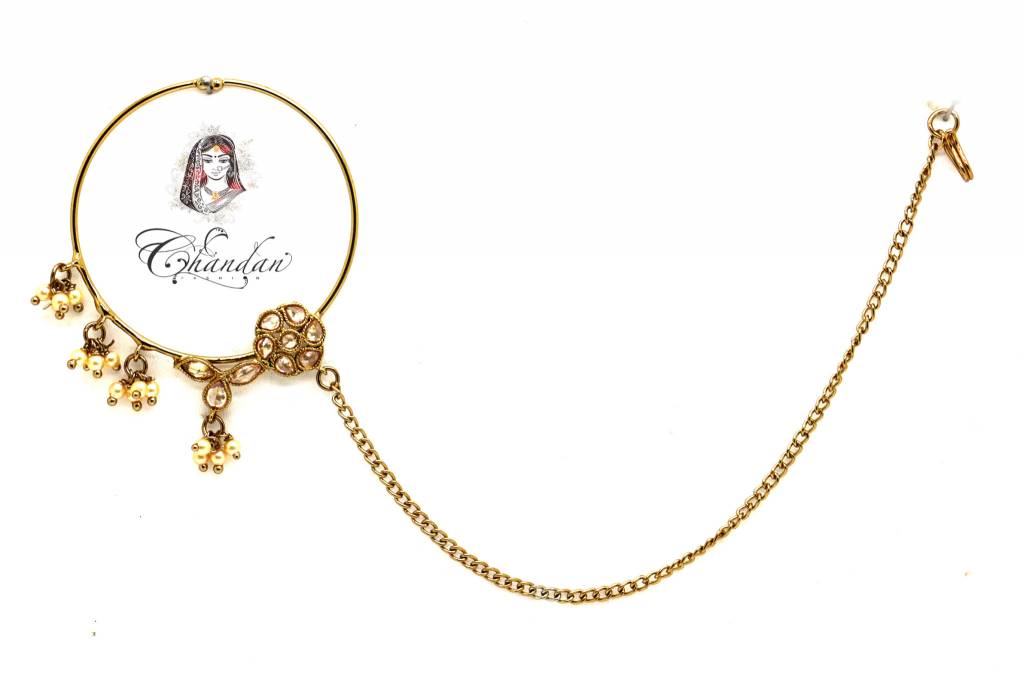 Gold Nose Ring With White Stones & Pearls