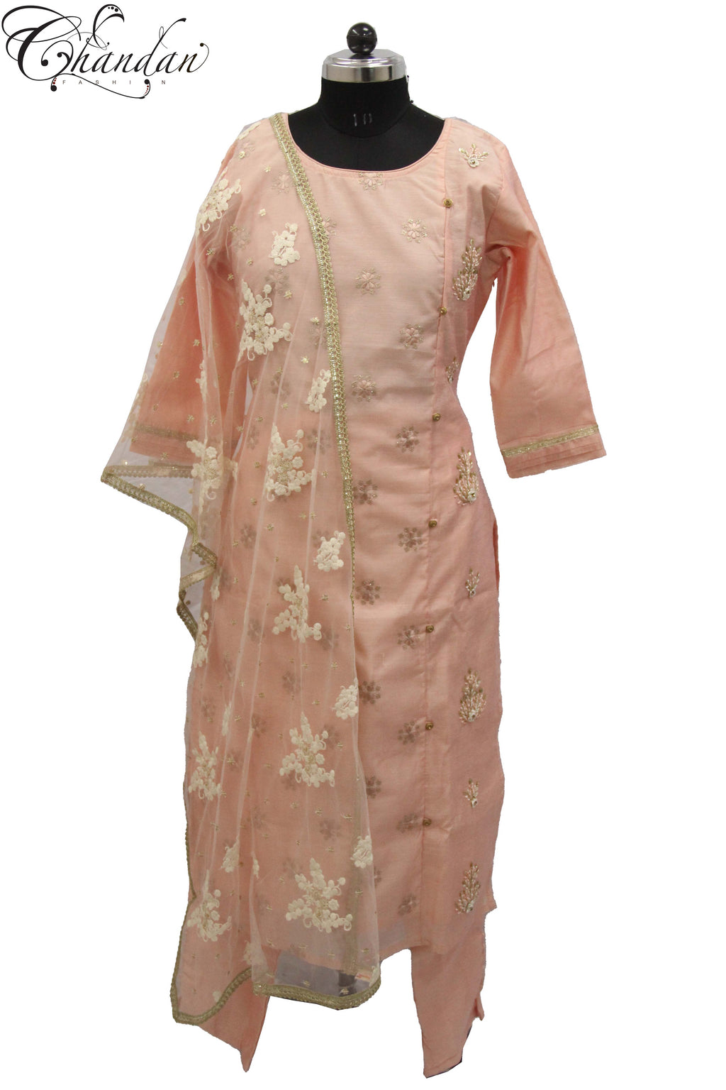 Pearl White & Pink Melody Thread Embroidered Organza Suit Set-Plus Size  Clothing(XS-10XL)