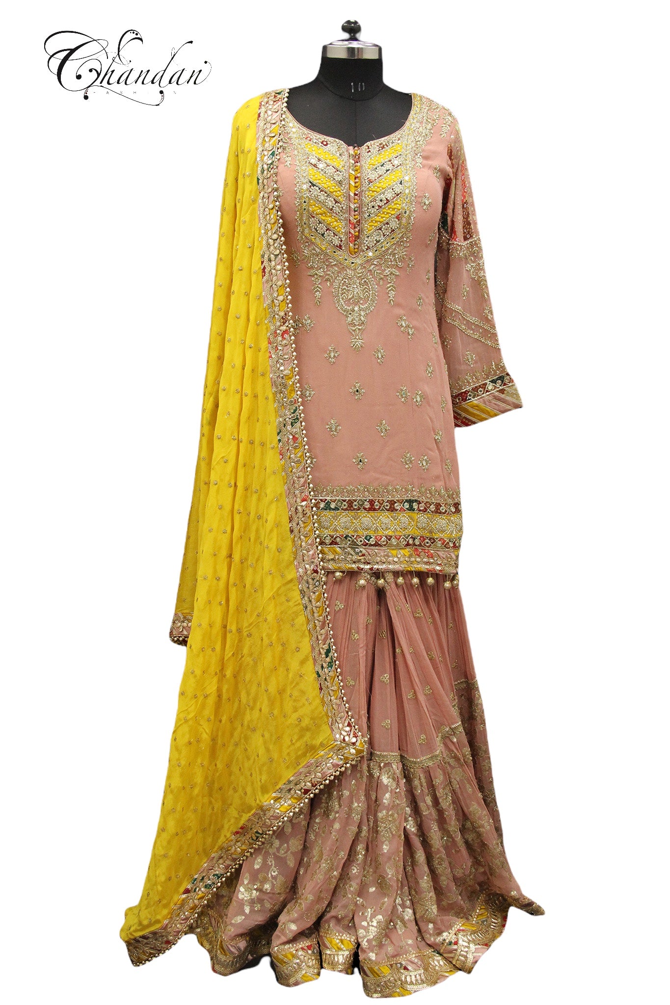 Peach Sharara Suit with Yellow Contrast Neckline