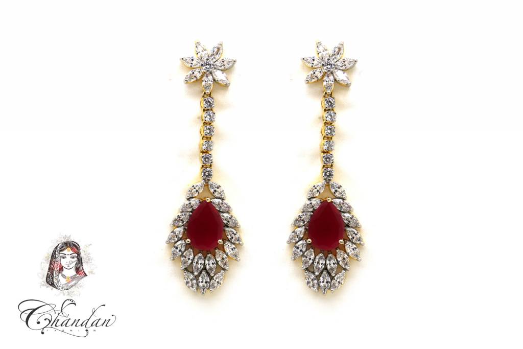 Gold Earings with White & Maroon Stones