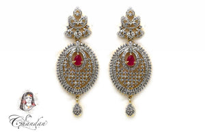 Gold Earings with White & Maroon Stones