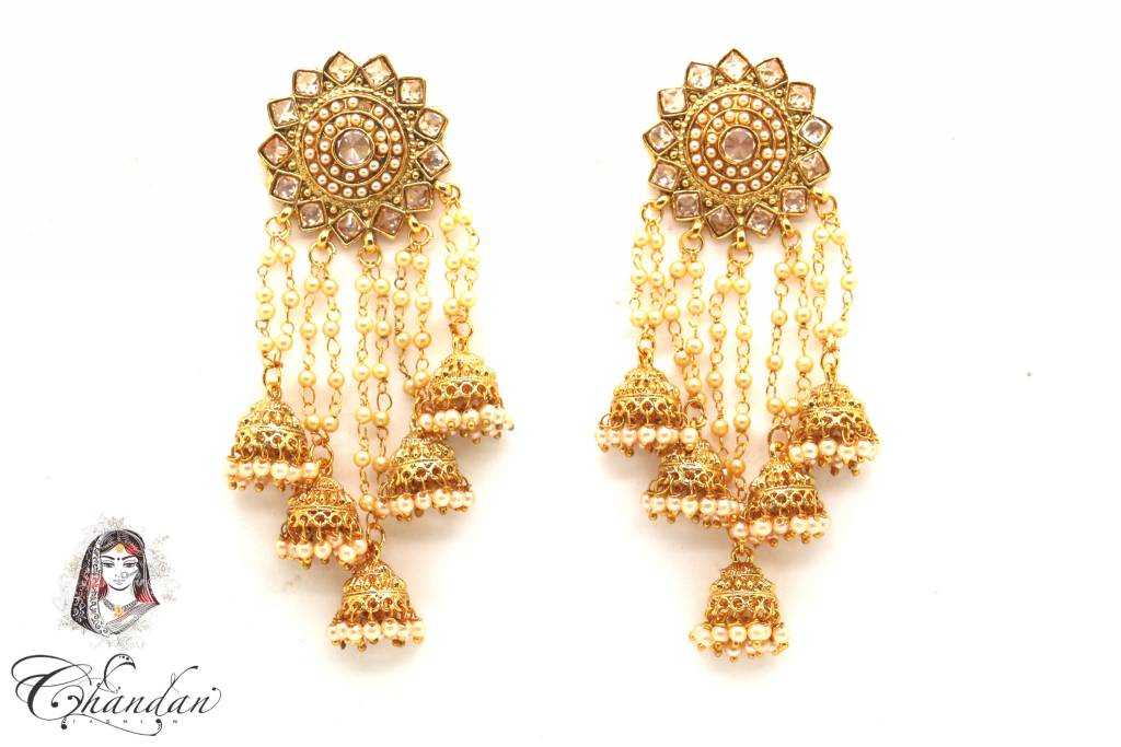 Gold Jhumki Earings with Gold Stones & White Pearls