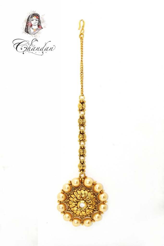 Gold Tikka w/ white stone & white pearls