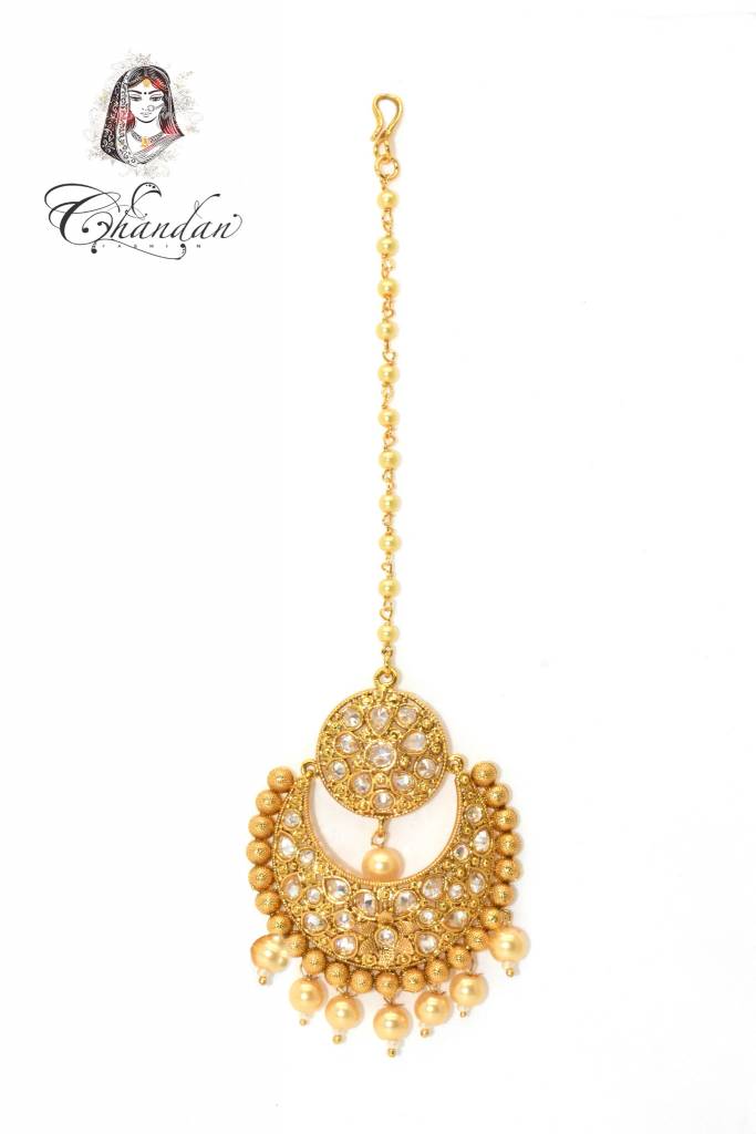 Gold Tikka w/ white stones & pearls