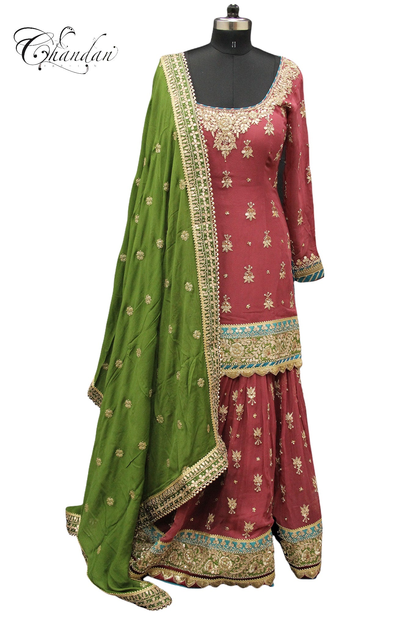 Red Green Contrast Sharara Suit with Gotta Patti work
