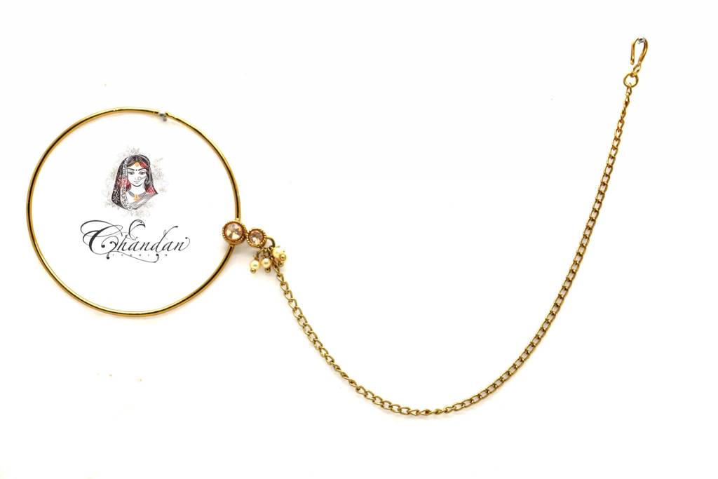 Gold Nose Ring with Stone and Pearls