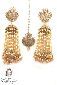 Gold Jhumkis & Tikka With Pearl Chains