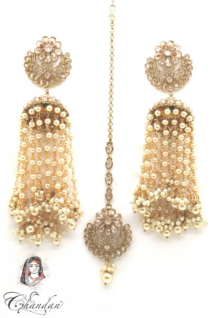 Gold Jhumkis & Tikka With Pearl Chains