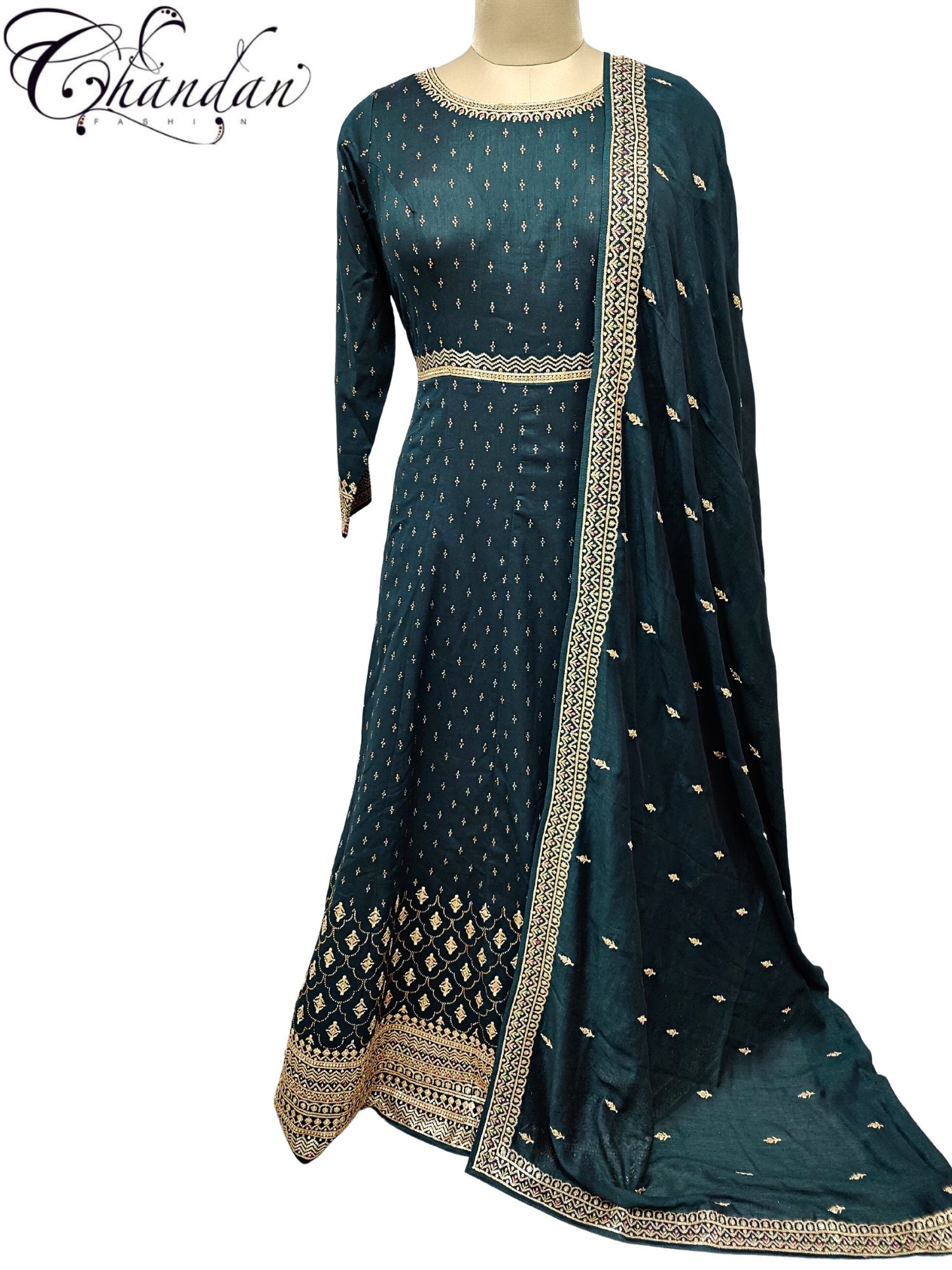 Partywear Dupion silk long dress intricate with gold buttis