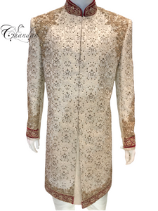 Golden Men's Bridal Sherwani On Pure Handloom Brocade Silk