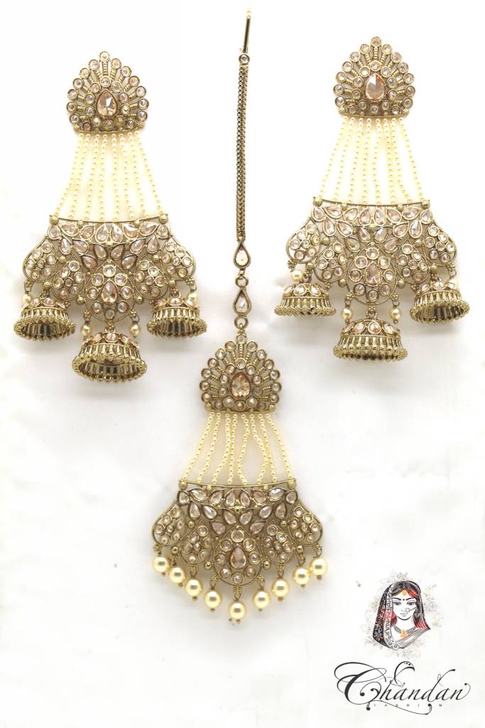 Golden Earings and Tikka with pearls and stones