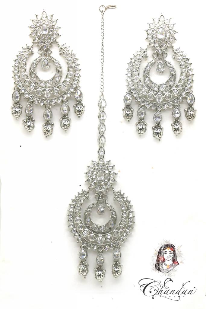 Silver Earings and Tikka with stones