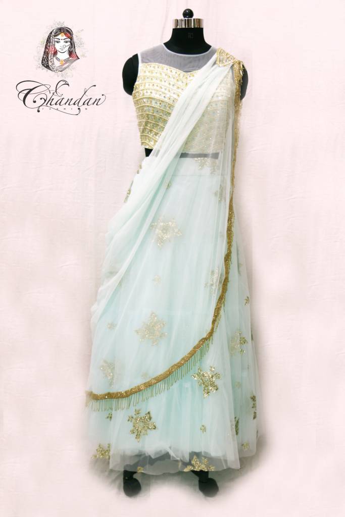 Mint lehenga choli with embroidery and sippy work