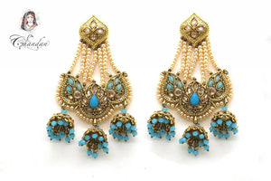Golden Polki Earings With Blue Stones and Pearls