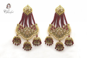 Golden Polki Earings With Maroon Stones and Pearls