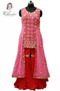 Pink Embroidered Jacket Style Suit with Red Sahara