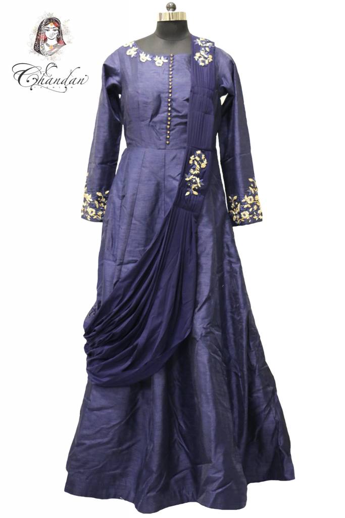 Embroidered Gown with Button Detailing and attached dupatta