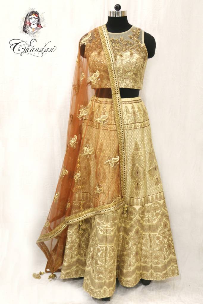 Gold Net Embroidered Choli with Gold Printed Lehenga