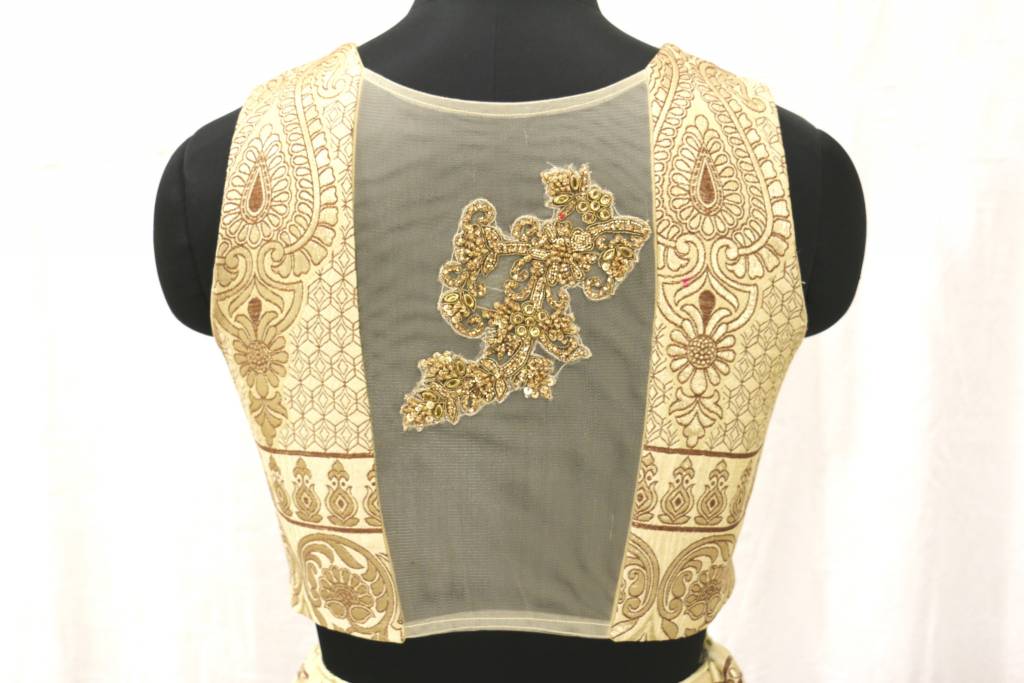 Gold Net Embroidered Choli with Gold Printed Lehenga