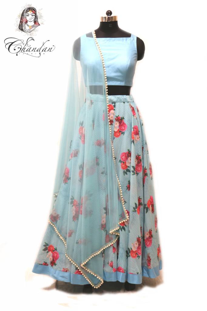 Sky Blue Pinted Lehenga with Sky Blue choli